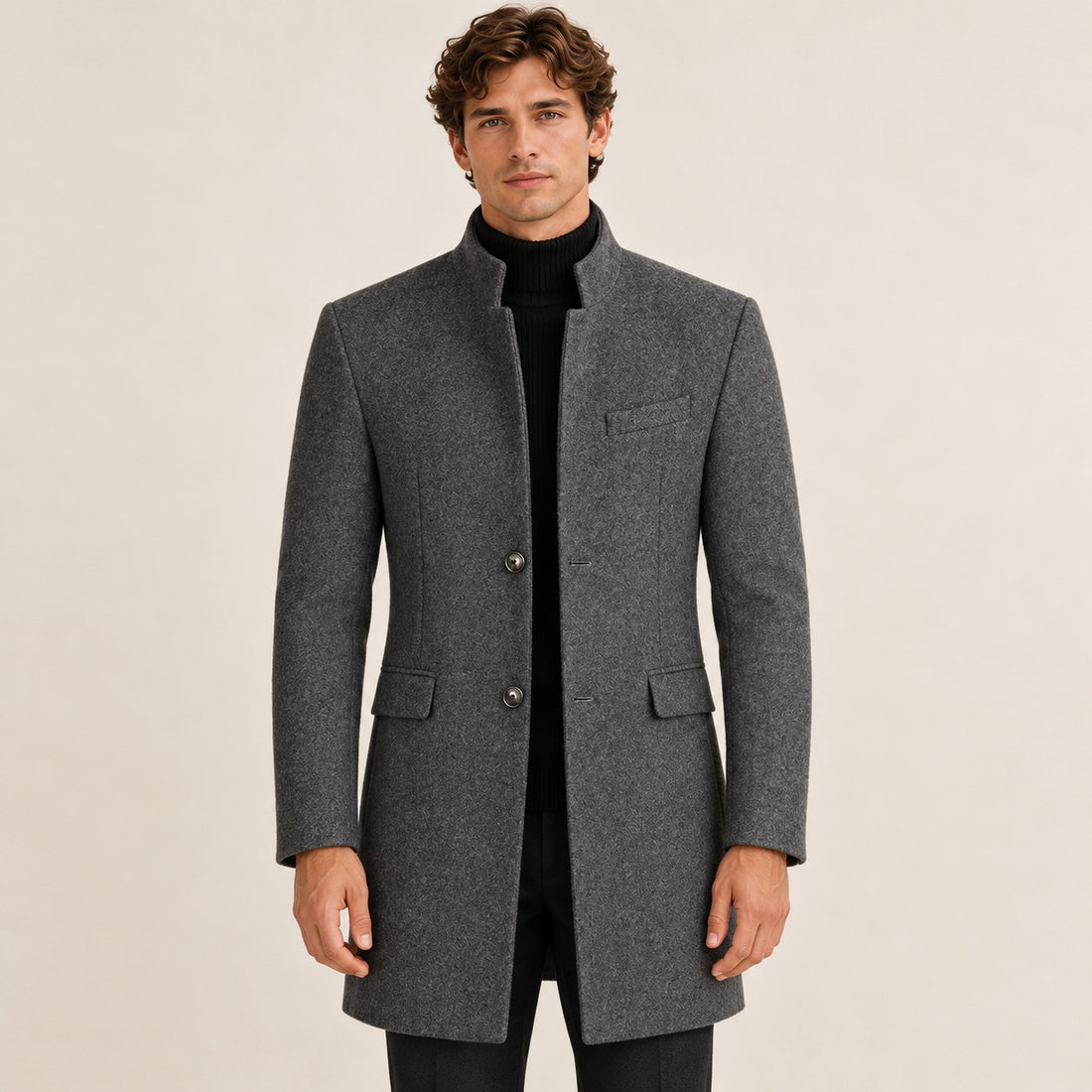 Abrigo largo para hombre con cuello alto y botones ajuste entallado