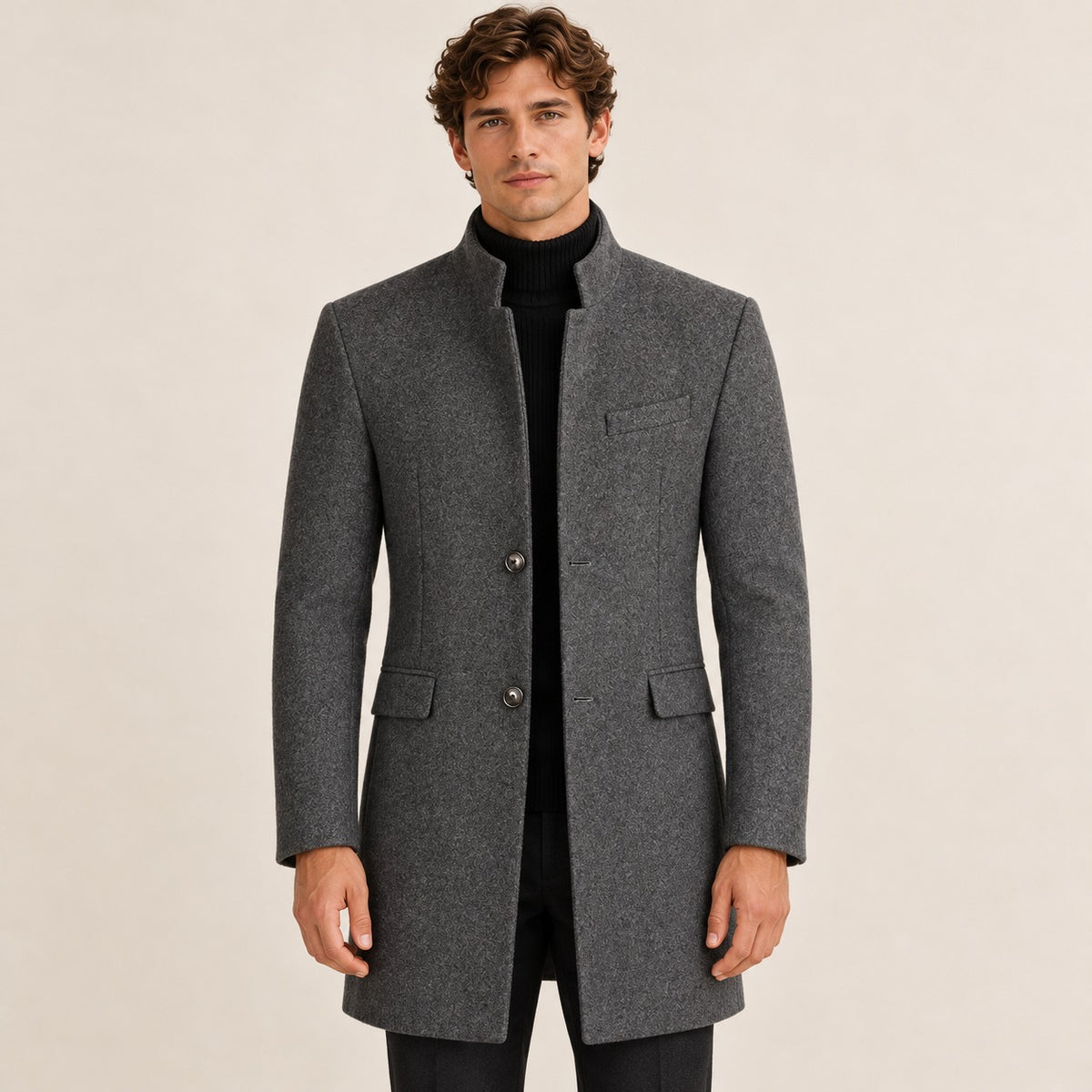 Abrigo largo para hombre con cuello alto y botones ajuste entallado