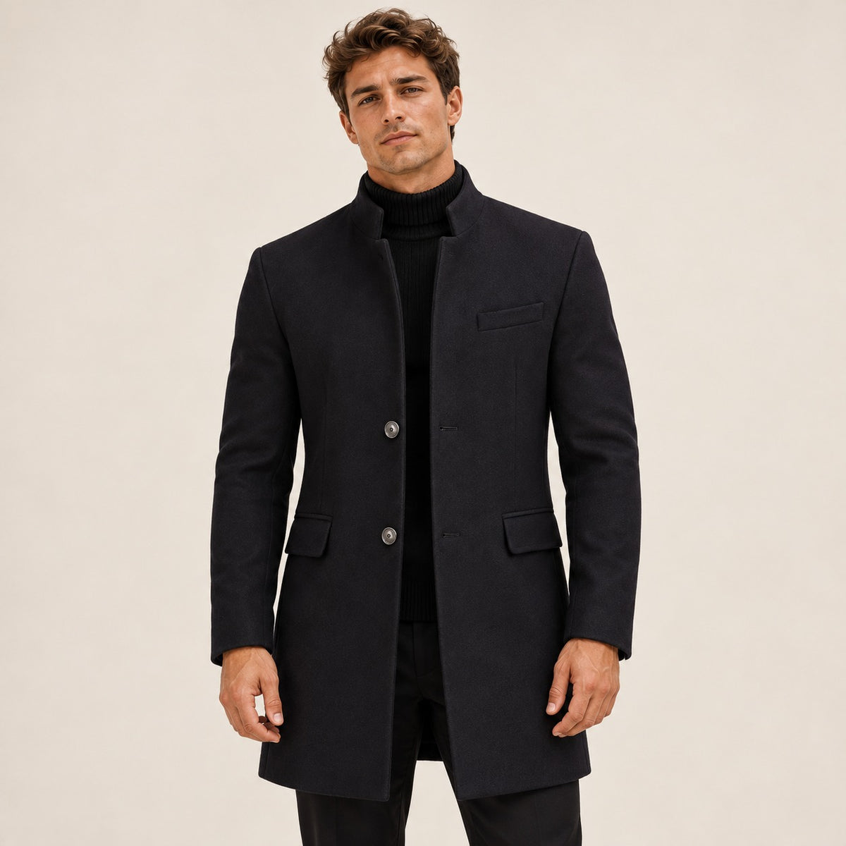 Abrigo largo para hombre con cuello alto y botones ajuste entallado