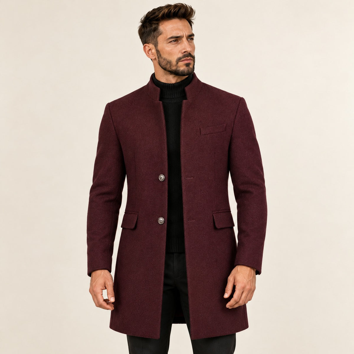 Abrigo largo para hombre con cuello alto y botones ajuste entallado