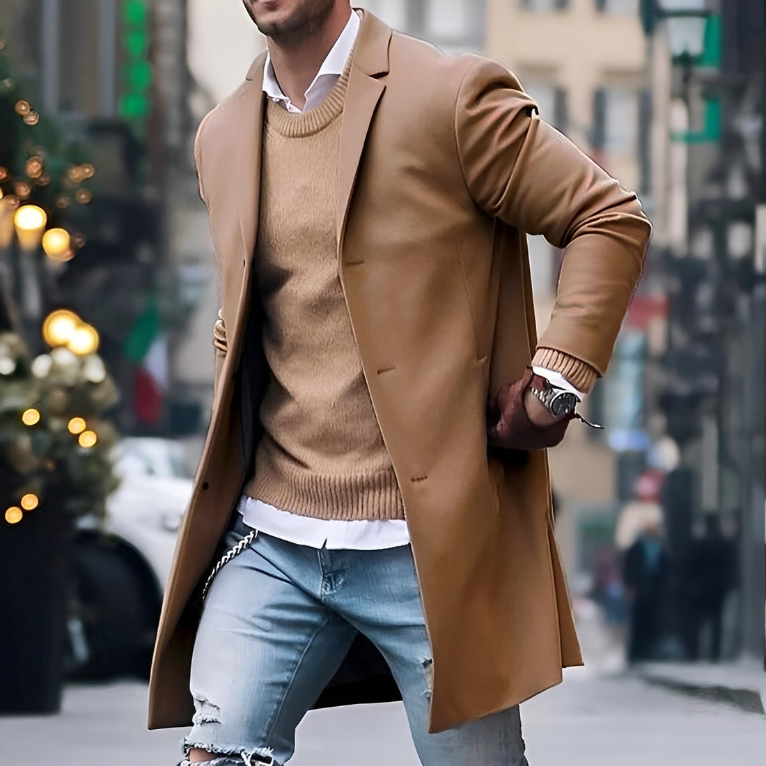 Abrigo masculino de longitud media con solapa de muesca y corte ajustado