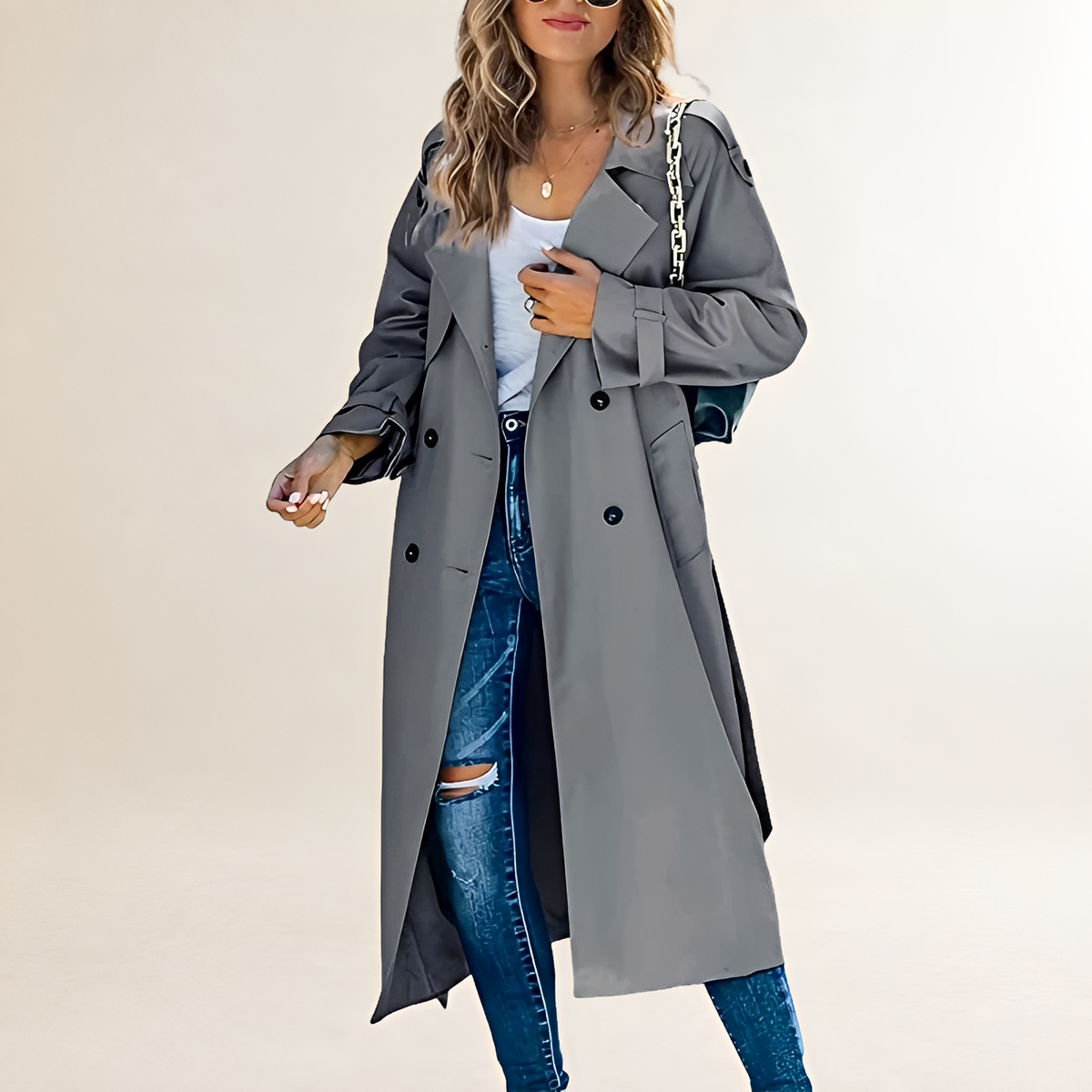 Abrigo trench mujer largo doble botonadura con solapa clásica y bolsillos laterales