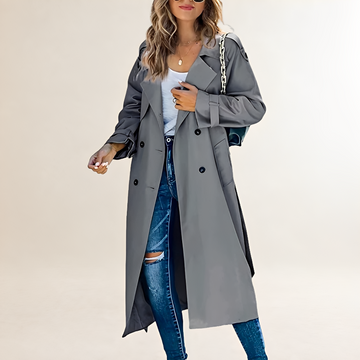 Abrigo trench mujer largo doble botonadura con solapa clásica y bolsillos laterales