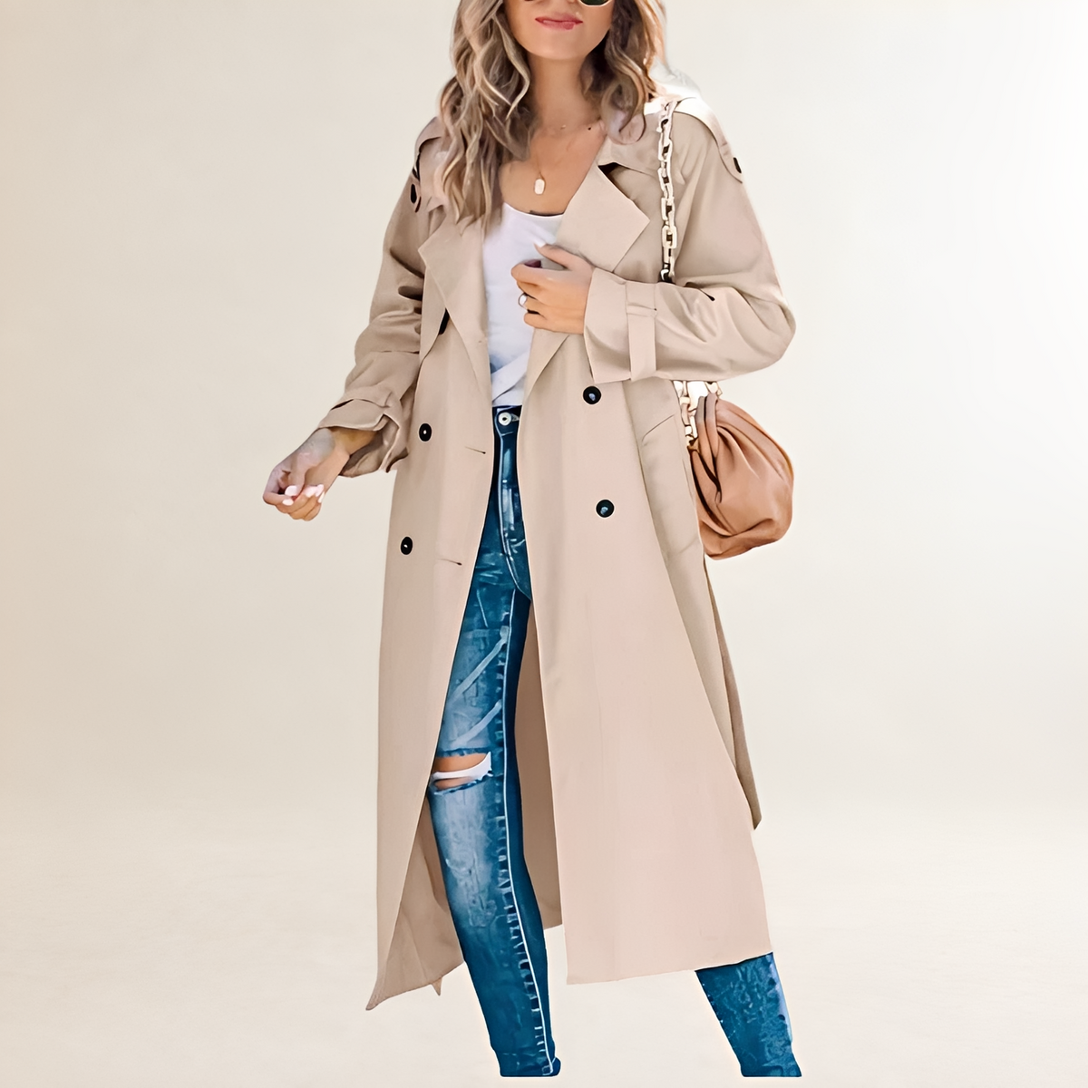Abrigo trench mujer largo doble botonadura con solapa clásica y bolsillos laterales