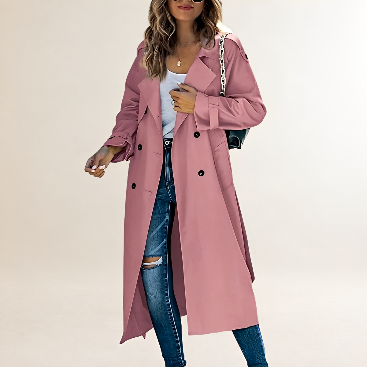 Abrigo trench mujer largo doble botonadura con solapa clásica y bolsillos laterales