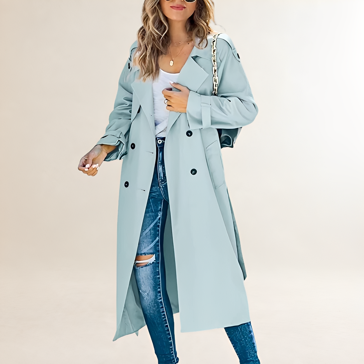 Abrigo trench mujer largo doble botonadura con solapa clásica y bolsillos laterales