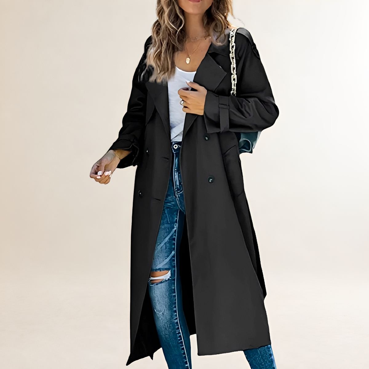 Abrigo trench mujer largo doble botonadura con solapa clásica y bolsillos laterales