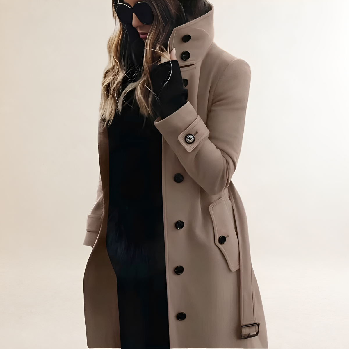 Abrigo trench para mujer con botones, cuello alto, manga larga y ajuste entallado