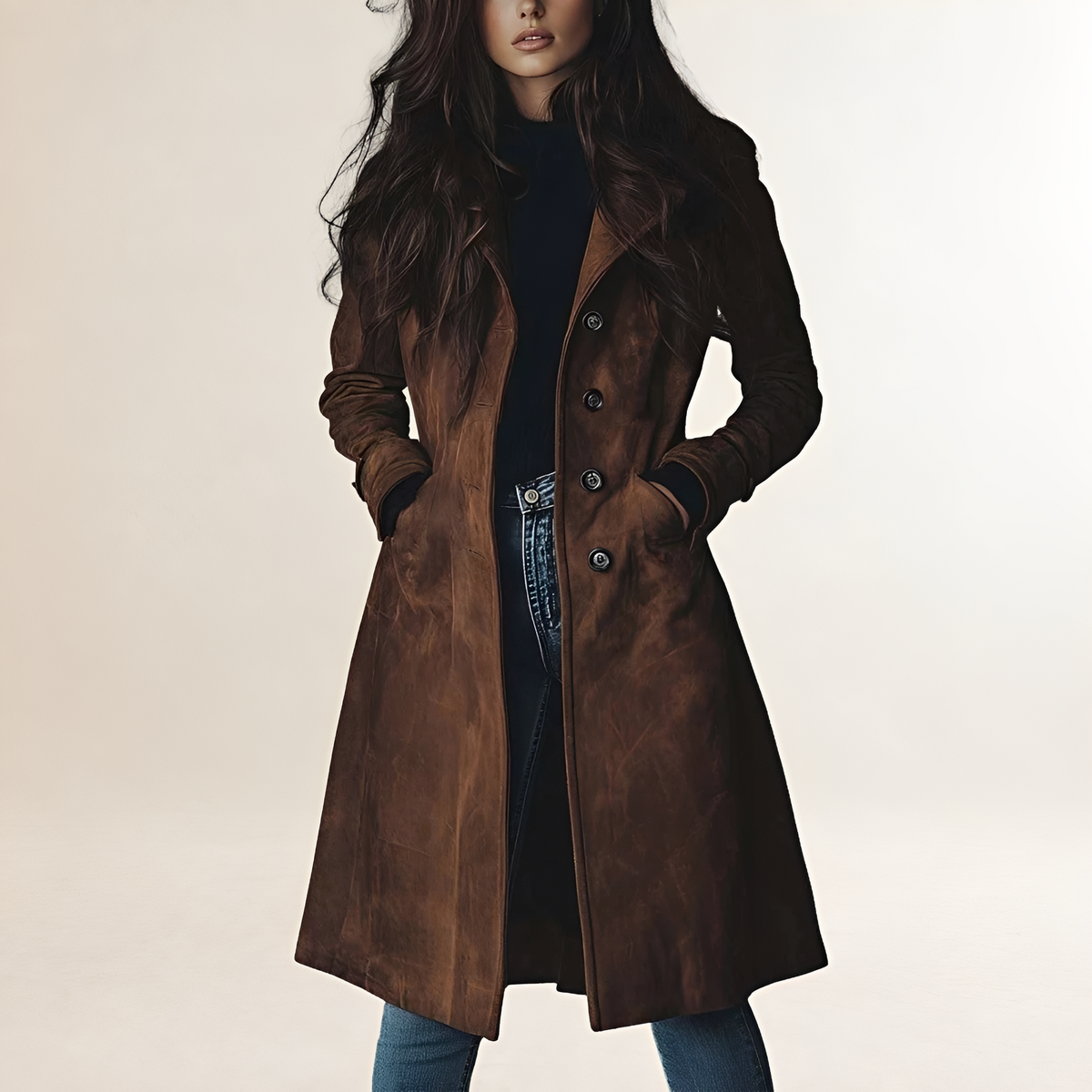 Abrigo trench para mujer - Corte clásico, cierre de botones, largo hasta la rodilla