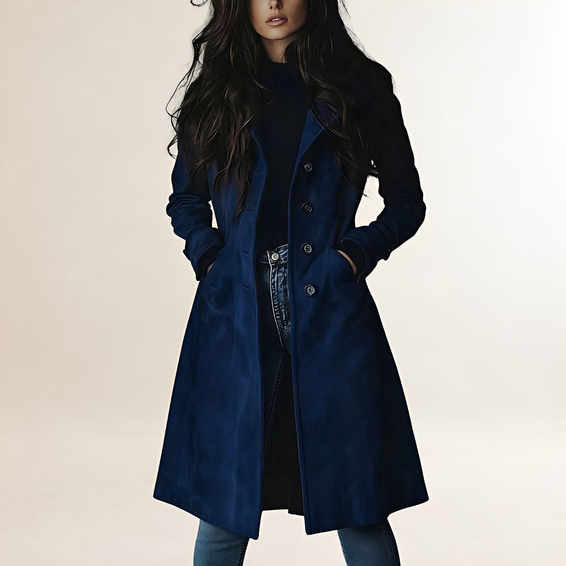 Abrigo trench para mujer - Corte clásico, cierre de botones, largo hasta la rodilla