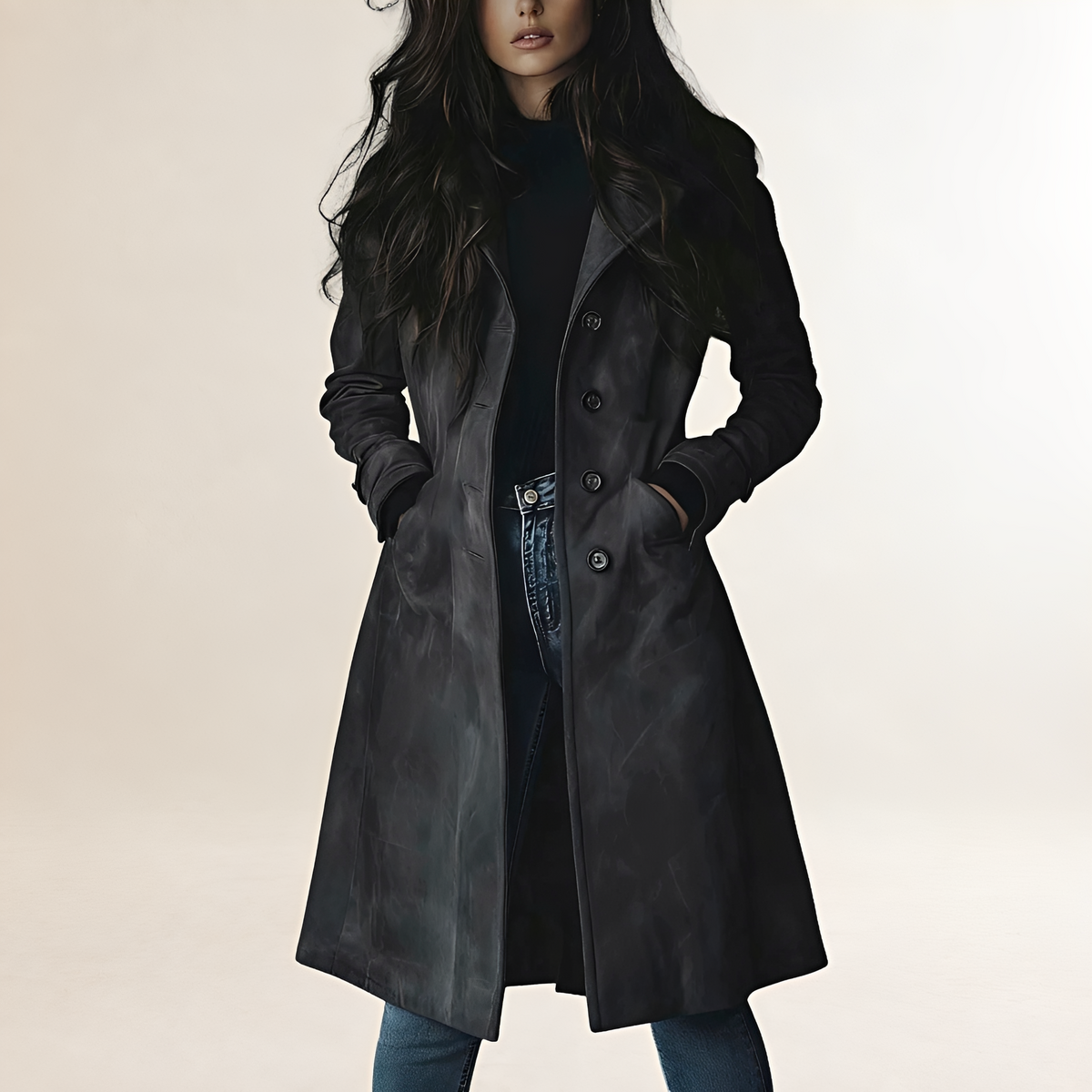 Abrigo trench para mujer - Corte clásico, cierre de botones, largo hasta la rodilla