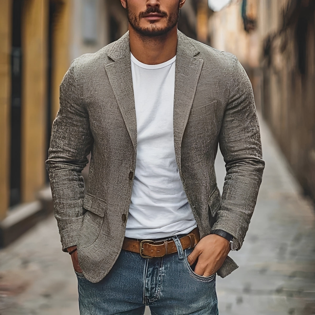 Americana casual para hombre con solapa en muesca y corte slim - Cierre de dos botones