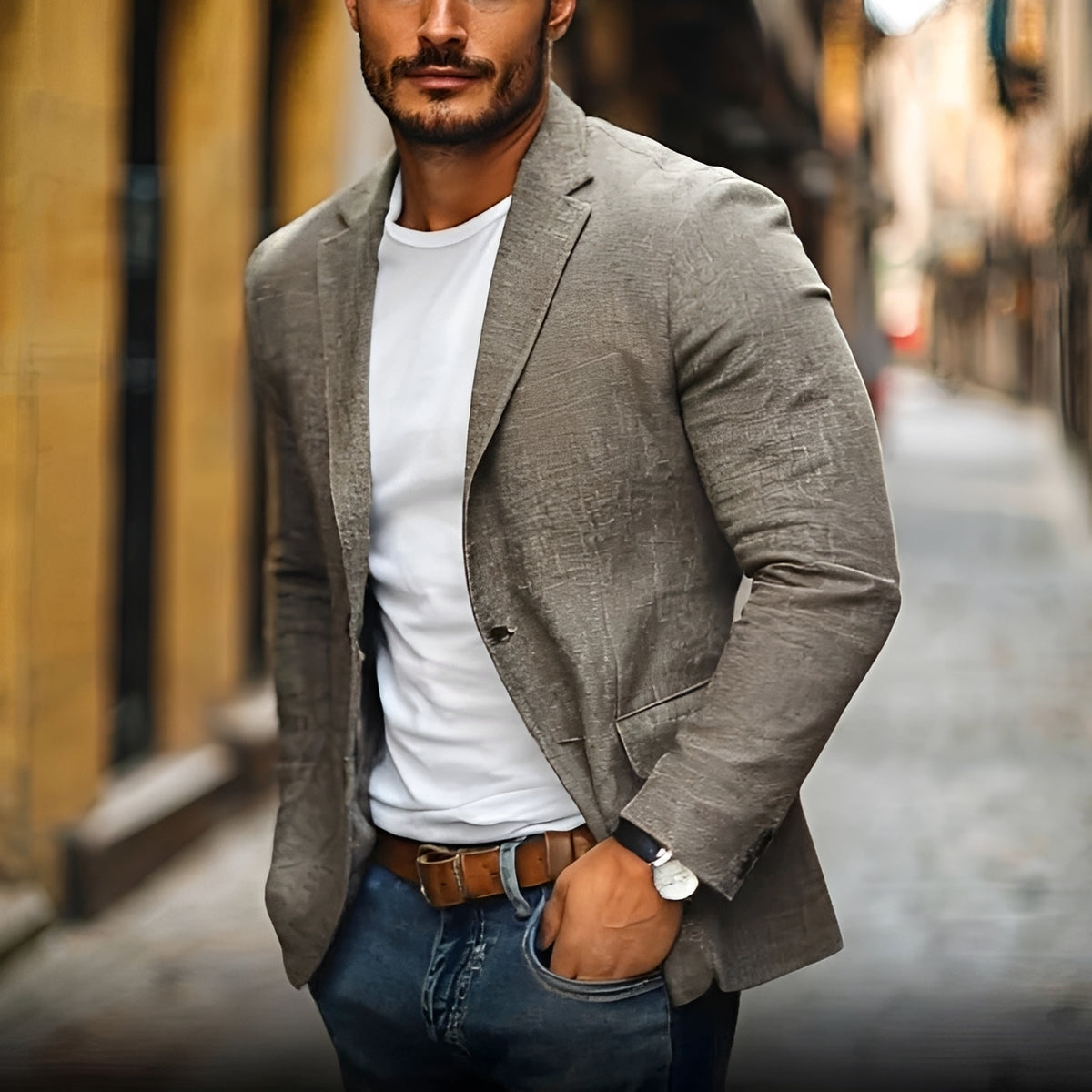 Americana casual para hombre con solapa en muesca y corte slim - Cierre de dos botones
