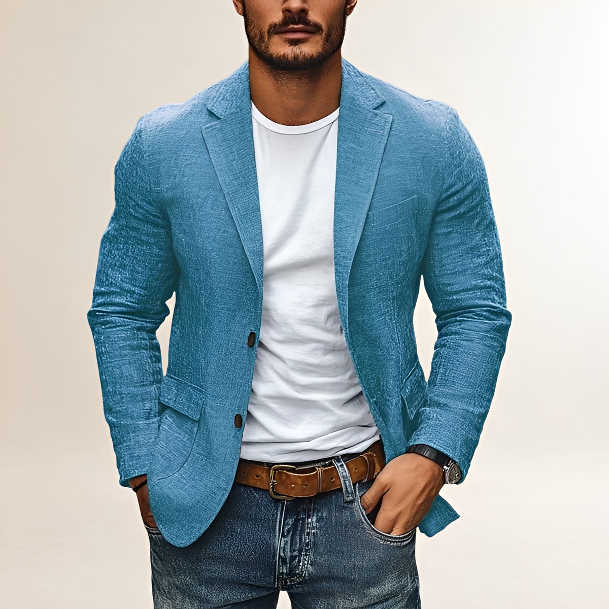 Americana casual para hombre con solapa en muesca y corte slim - Cierre de dos botones