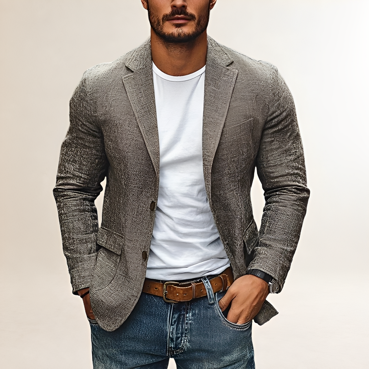 Americana casual para hombre con solapa en muesca y corte slim - Cierre de dos botones
