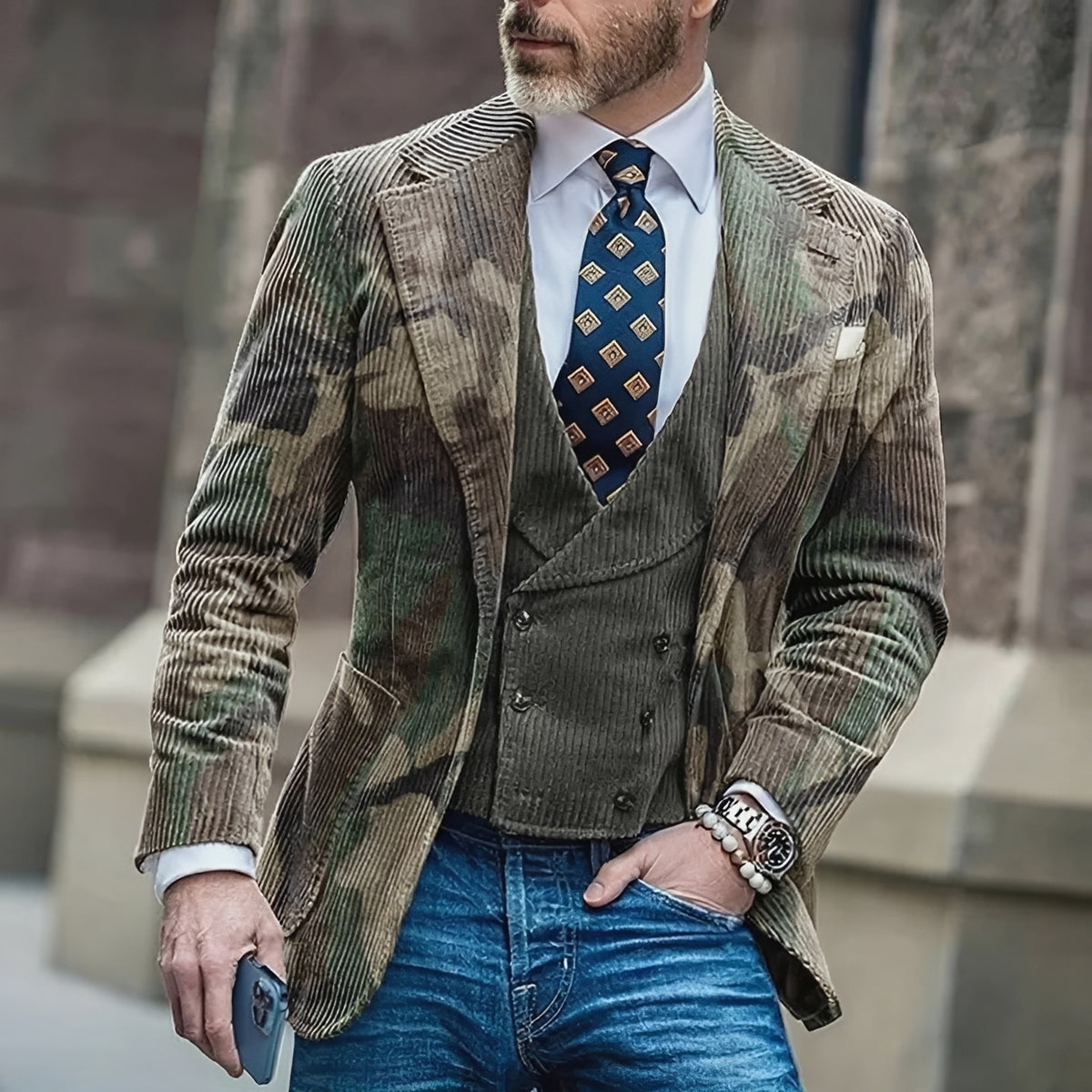 Americana de hombre de corte ajustado con patrón de camuflaje y cierre de botones