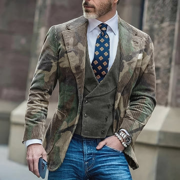 Americana de hombre de corte ajustado con patrón de camuflaje y cierre de botones