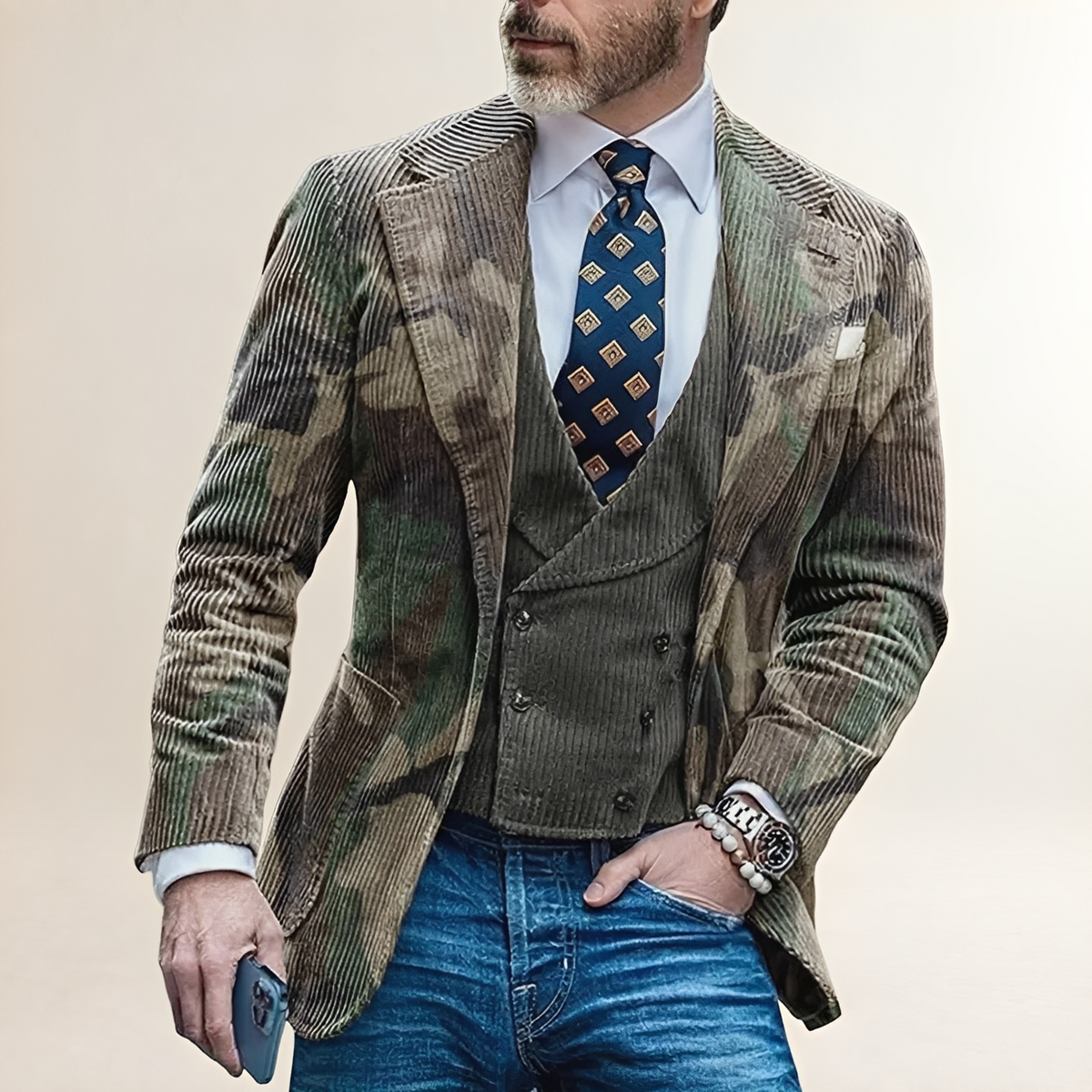 Americana de hombre de corte ajustado con patrón de camuflaje y cierre de botones