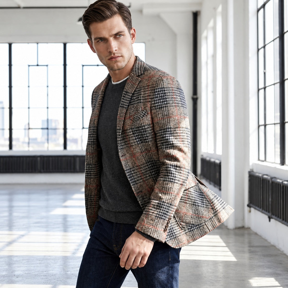 Americana para hombre con patrón Glen plaid hombros suaves ajuste relajado bolsillos parche