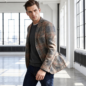 Americana para hombre con patrón Glen plaid hombros suaves ajuste relajado bolsillos parche