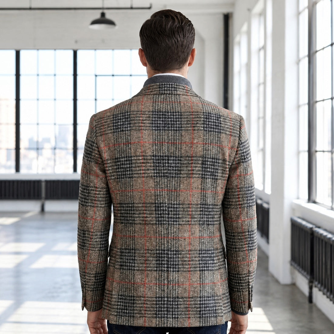 Americana para hombre con patrón Glen plaid hombros suaves ajuste relajado bolsillos parche
