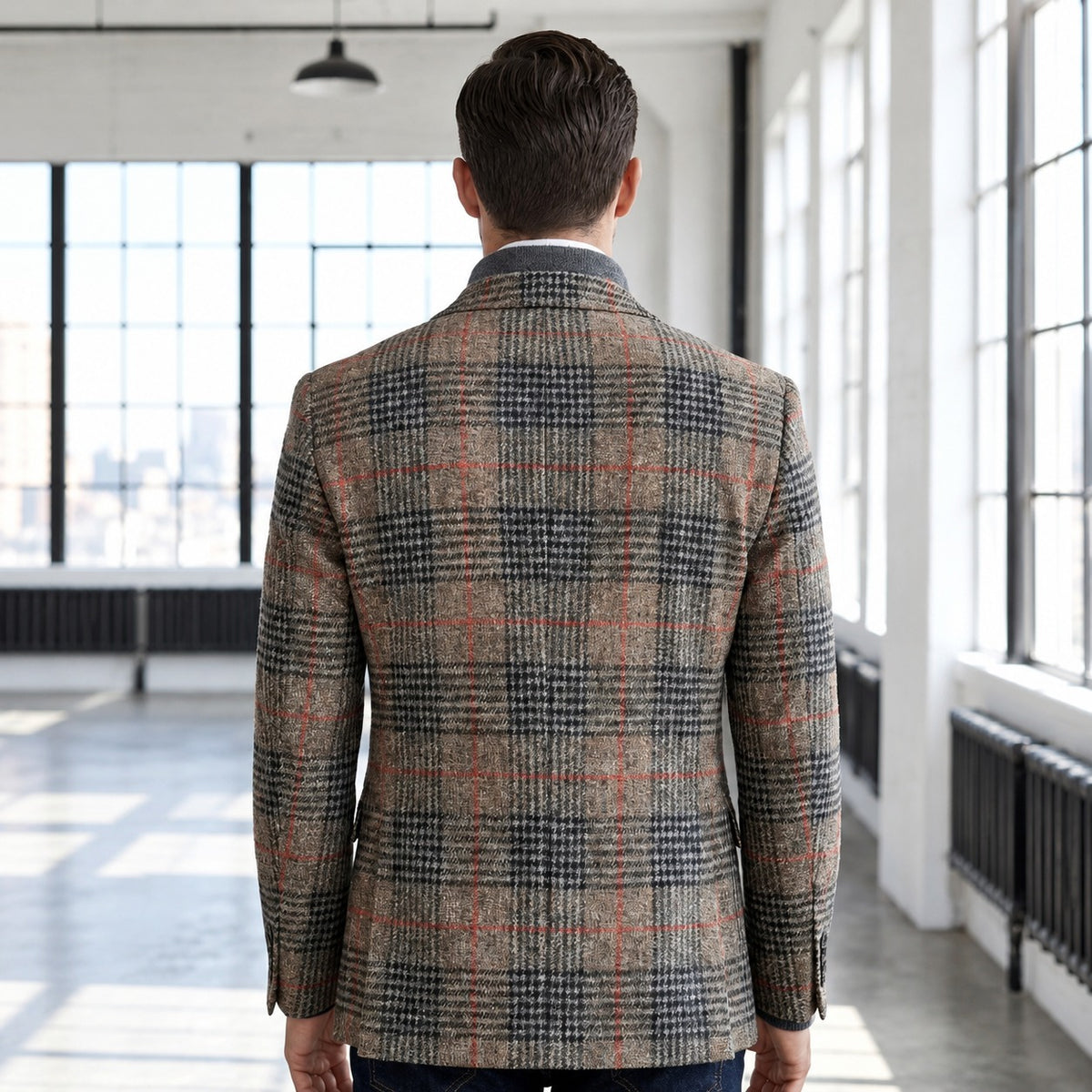 Americana para hombre con patrón Glen plaid hombros suaves ajuste relajado bolsillos parche