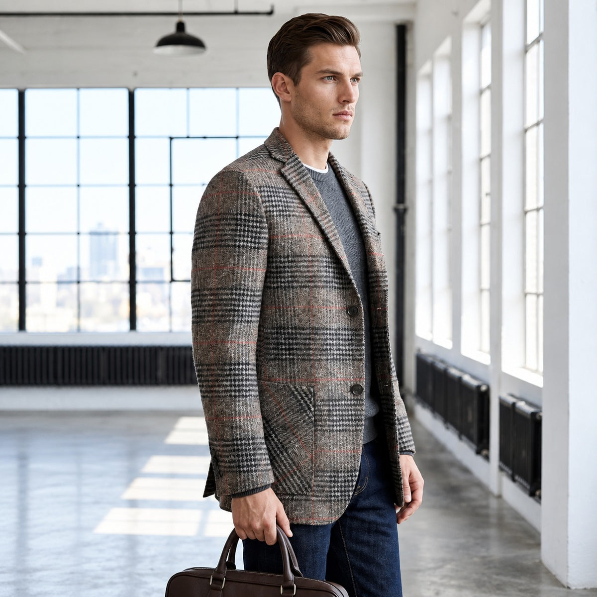 Americana para hombre con patrón Glen plaid hombros suaves ajuste relajado bolsillos parche