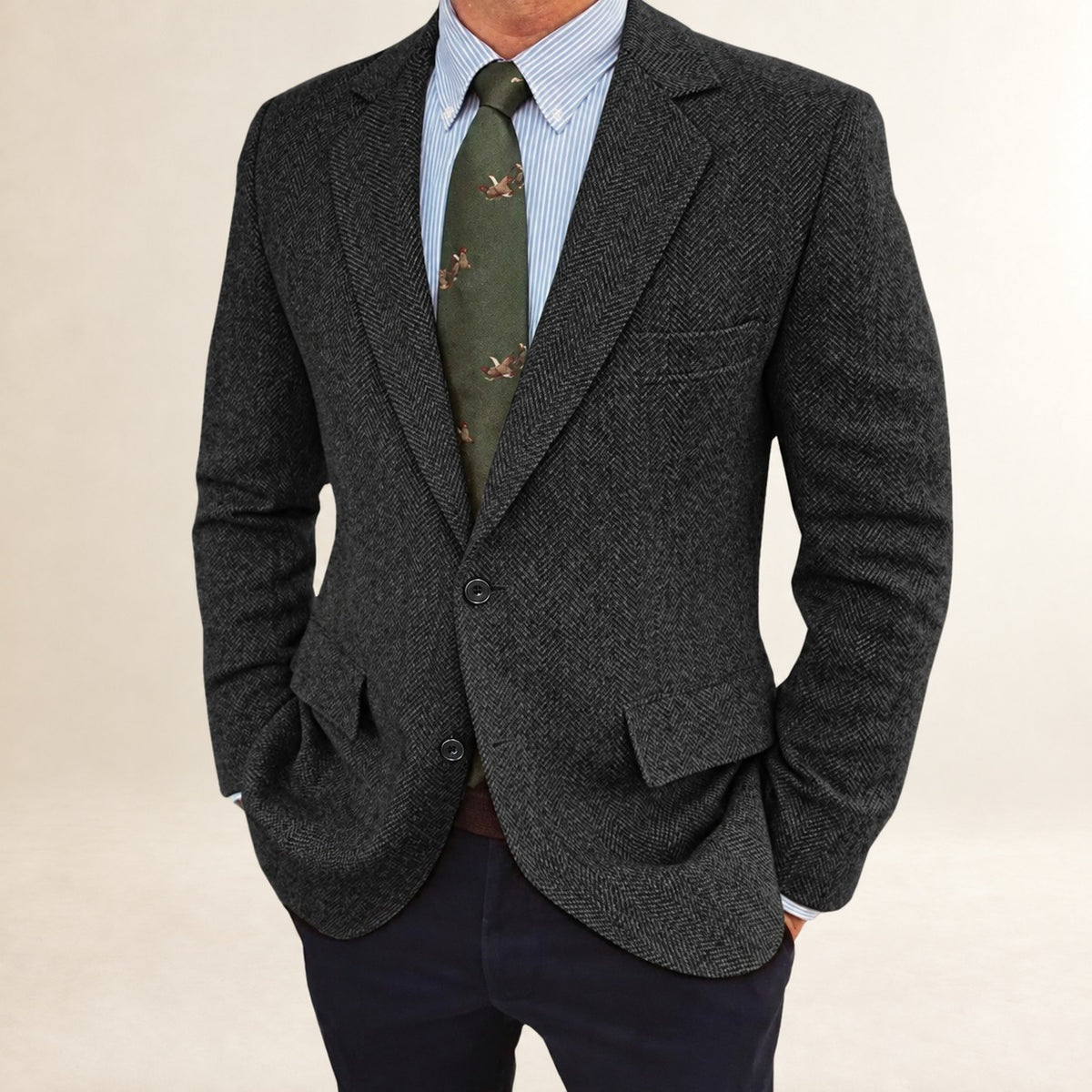 Americano de hombre blazer de corte regular con patrón de espiga y diseño de dos botones