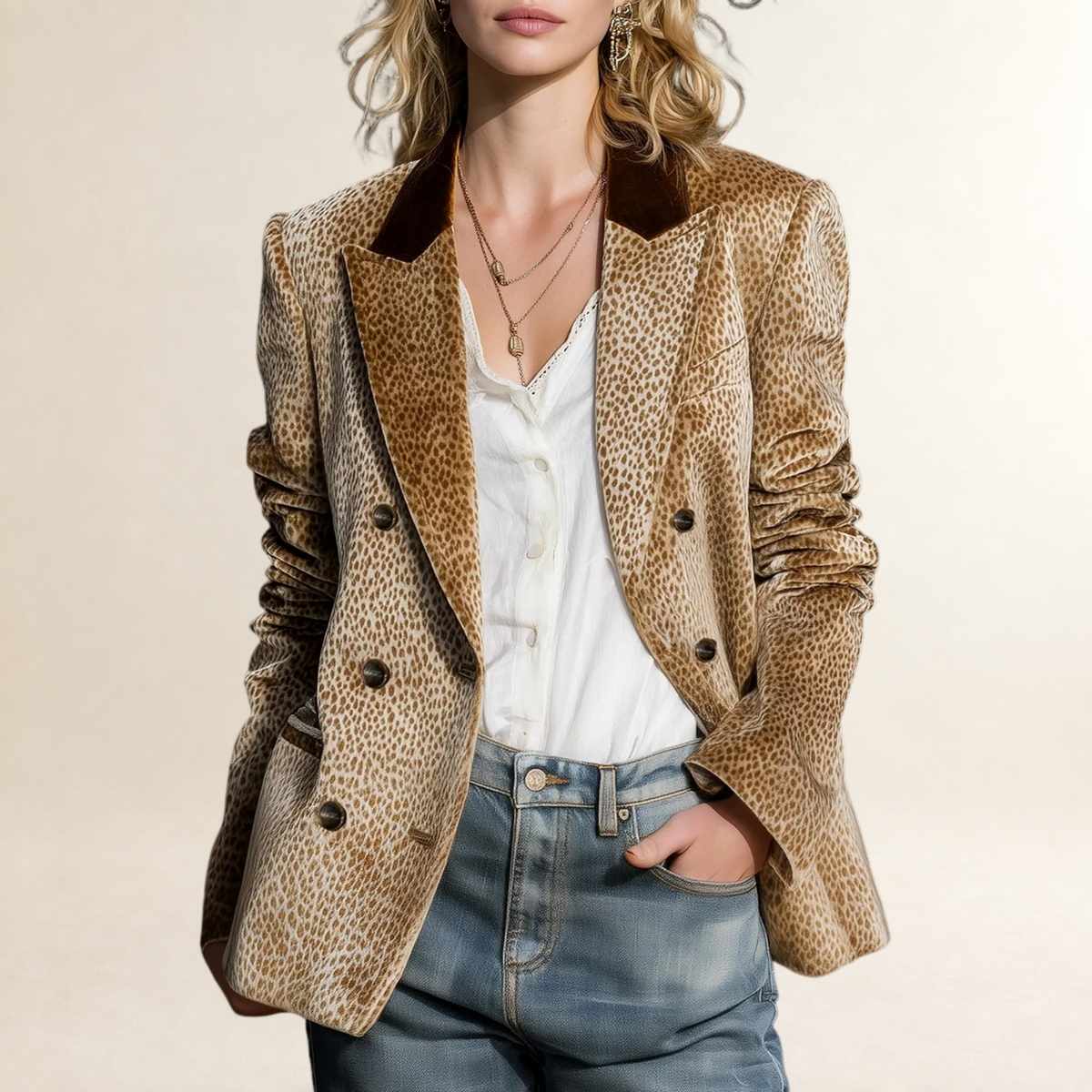 Blazer para mujer de corte relajado con estampado de leopardo y solapa clásica