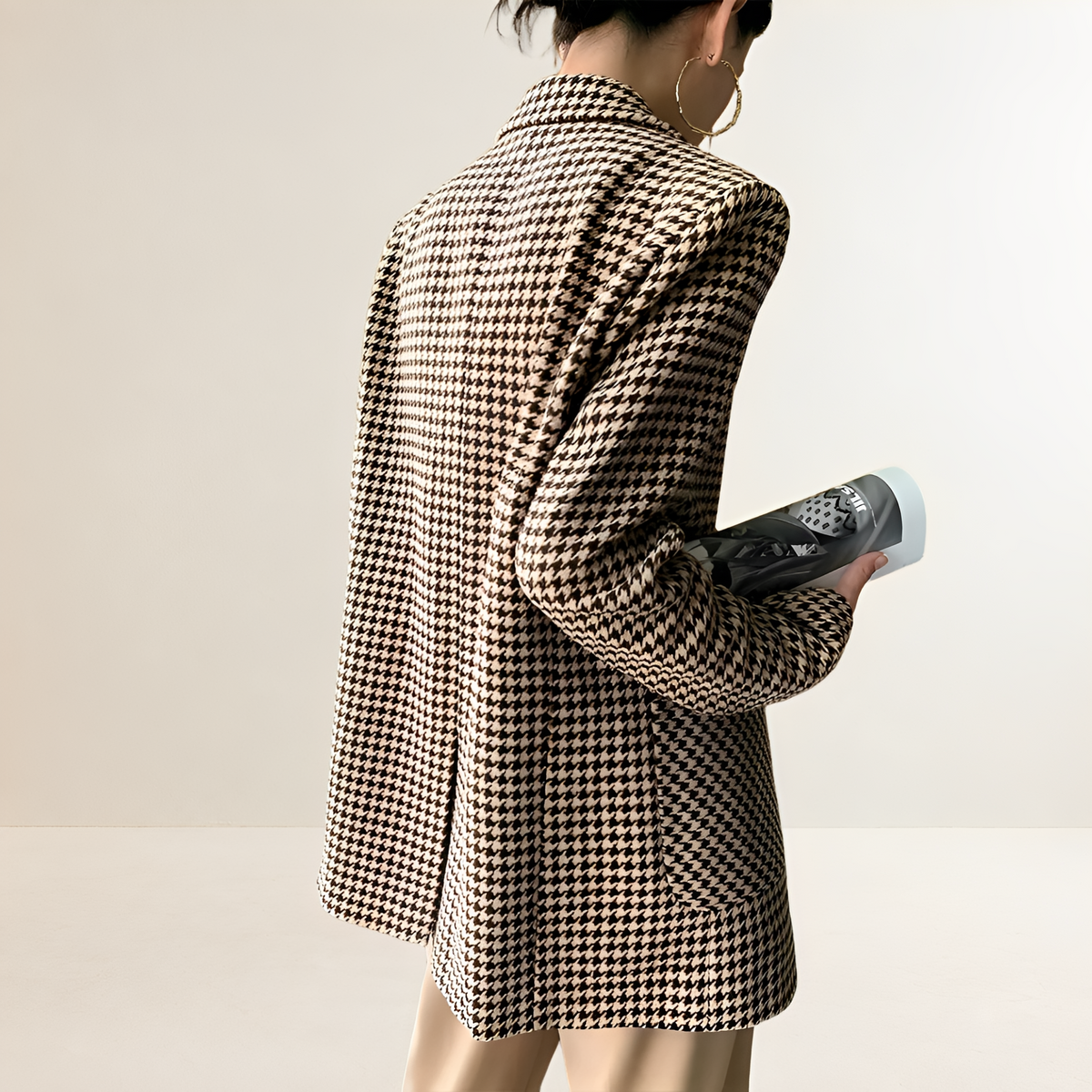 Blazer para mujer de manga larga con patrón de pata de gallo y cinturón ajuste regular