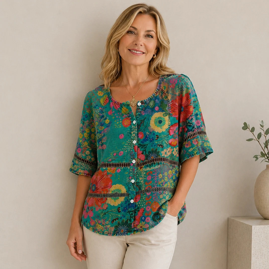 Blusa boho para mujer, cuello redondo con encaje, mangas 3/4, silueta túnica relajada
