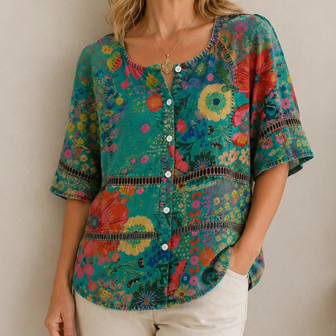 Blusa boho para mujer, cuello redondo con encaje, mangas 3/4, silueta túnica relajada