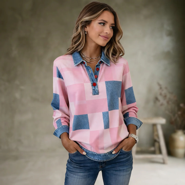Blusa con cuello para mujer, estampado de cuadros grandes, abertura frontal parcial, manga larga, ajuste relajado