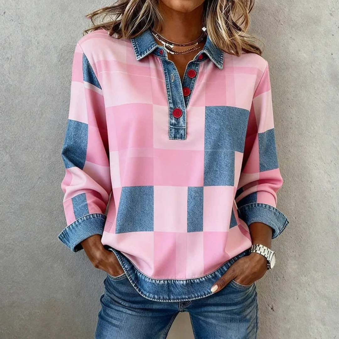 Blusa con cuello para mujer, estampado de cuadros grandes, abertura frontal parcial, manga larga, ajuste relajado