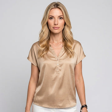 Blusa de manga corta mujer con escote en V y botones detalle