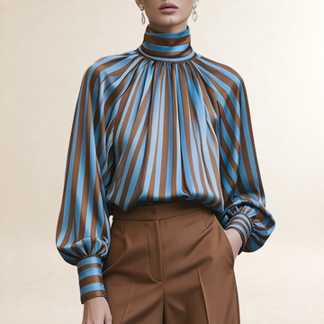 Blusa de manga larga para mujer con cuello alto plisado y mangas globo