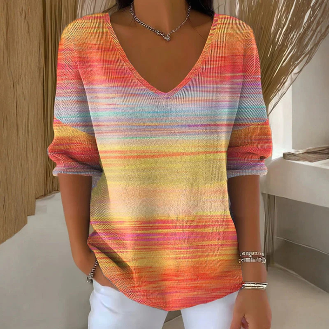 Blusa de mujer con escote en V y mangas largas, estampada, corte relajado