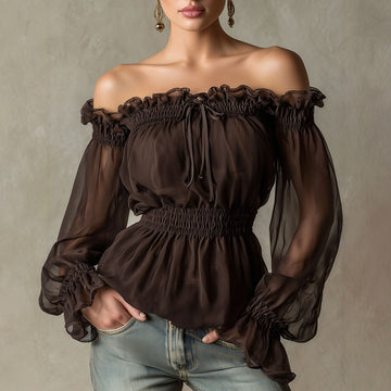 Blusa de mujer con hombros descubiertos, volantes y cintura fruncida