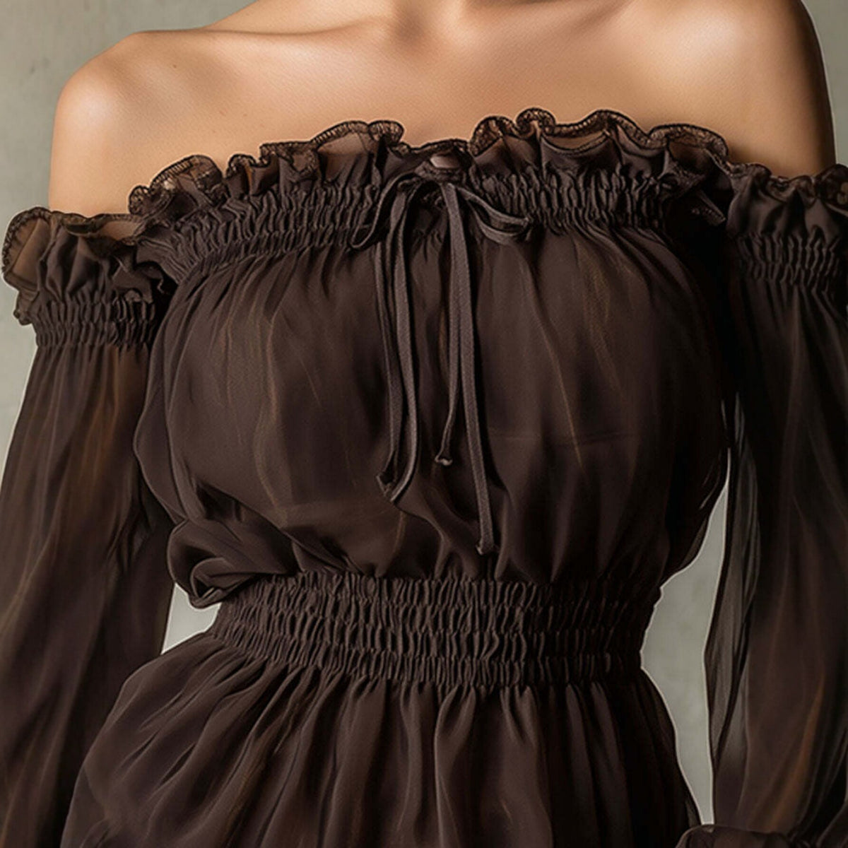 Blusa de mujer con hombros descubiertos, volantes y cintura fruncida