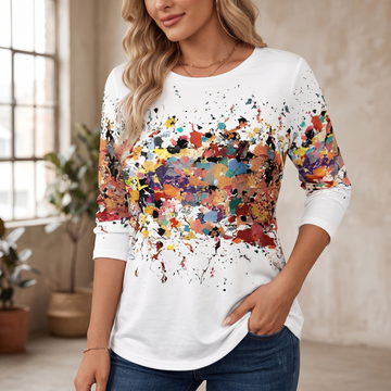 Blusa de mujer de manga larga con cuello redondo y estampado abstracto, corte relajado