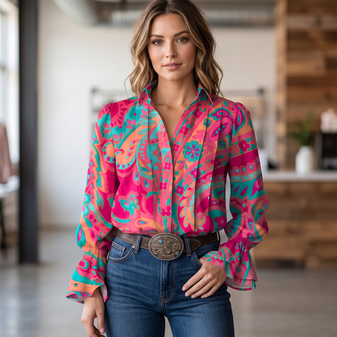 Blusa de mujer de manga larga con cuello clásico y apertura en V, ajuste relajado, estampado floral paisley y puños fruncidos con volantes