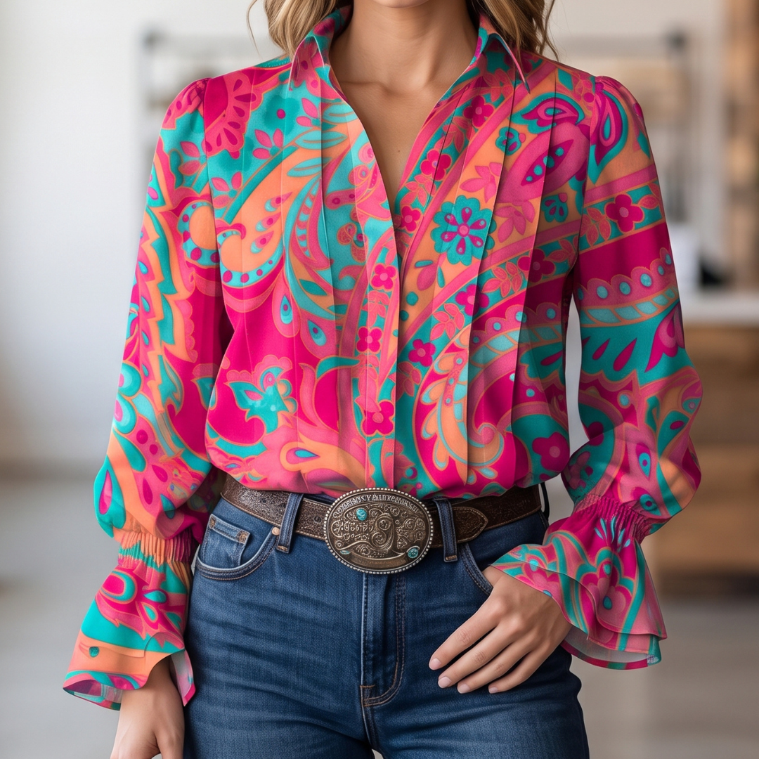 Blusa de mujer de manga larga con cuello clásico y apertura en V, ajuste relajado, estampado floral paisley y puños fruncidos con volantes