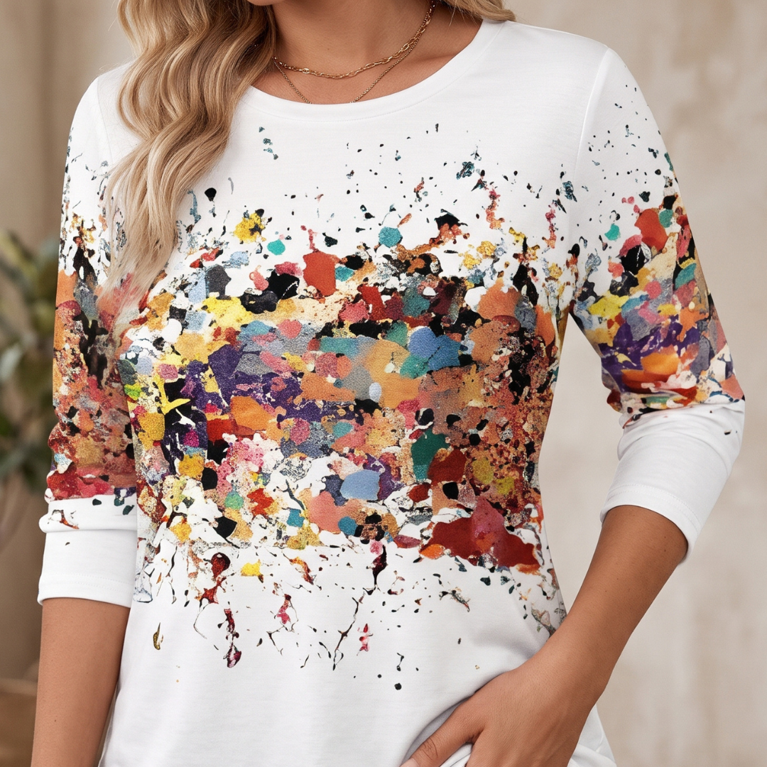 Blusa de mujer de manga larga con cuello redondo y estampado abstracto, corte relajado