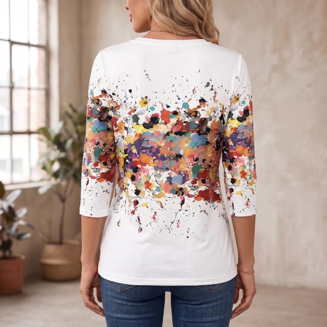 Blusa de mujer de manga larga con cuello redondo y estampado abstracto, corte relajado