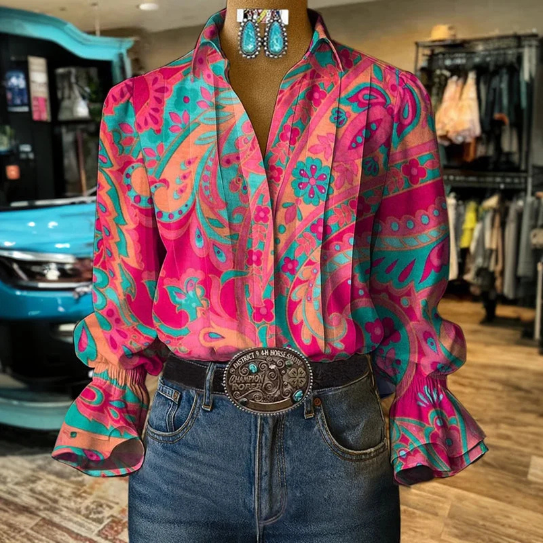 Blusa de mujer de manga larga con cuello clásico y apertura en V, ajuste relajado, estampado floral paisley y puños fruncidos con volantes