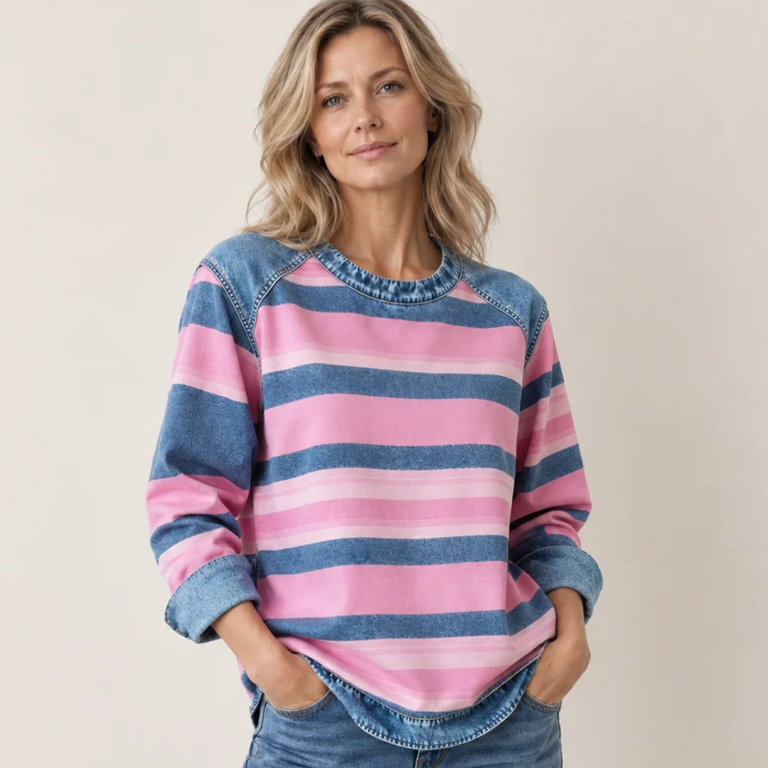 Blusa de mujer de manga larga con hombros raglán, cuello redondo y ribete de contraste