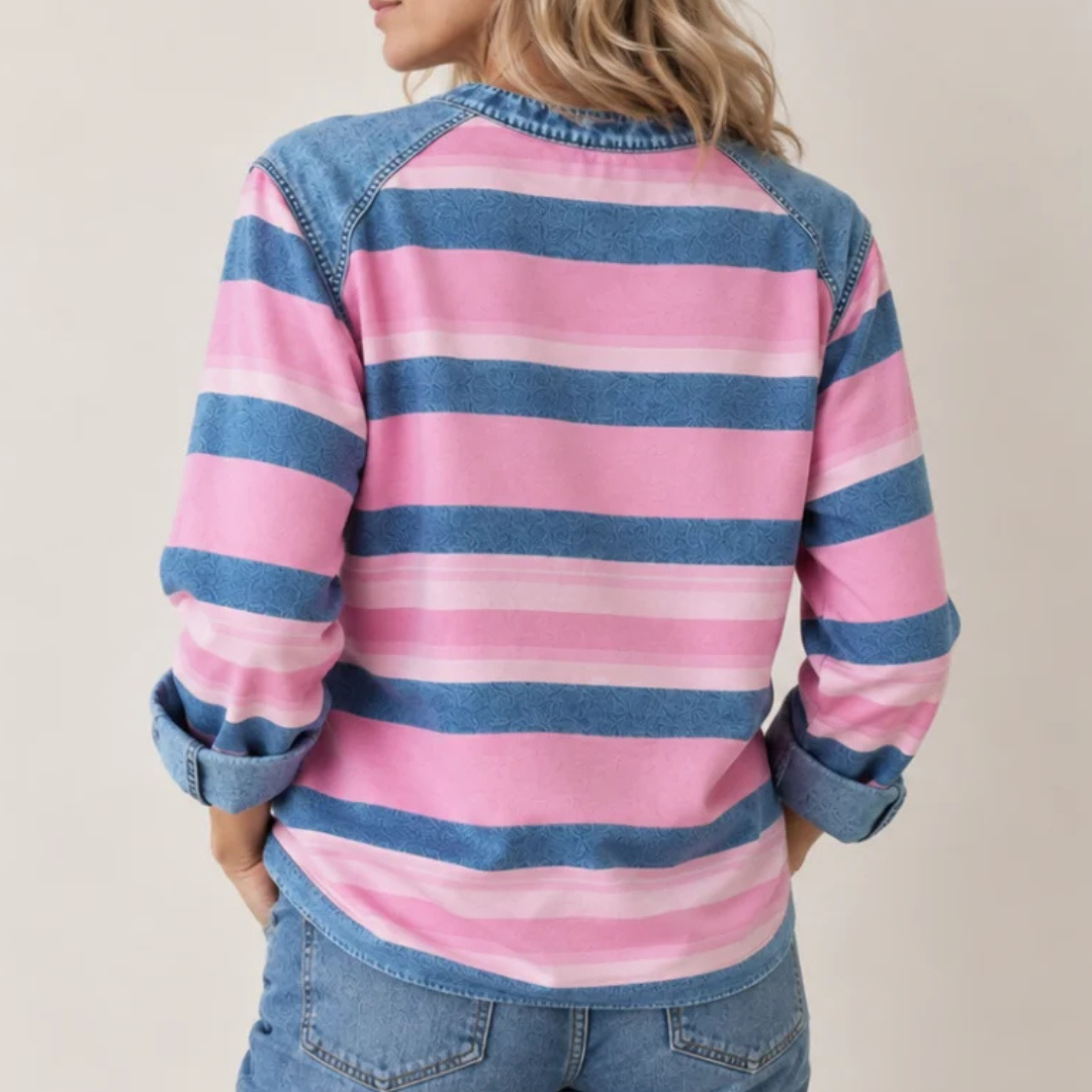 Blusa de mujer de manga larga con hombros raglán, cuello redondo y ribete de contraste