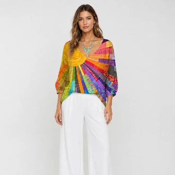 Blusa de mujer de manga larga cuello redondo – estampado patchwork quilt, corte relajado