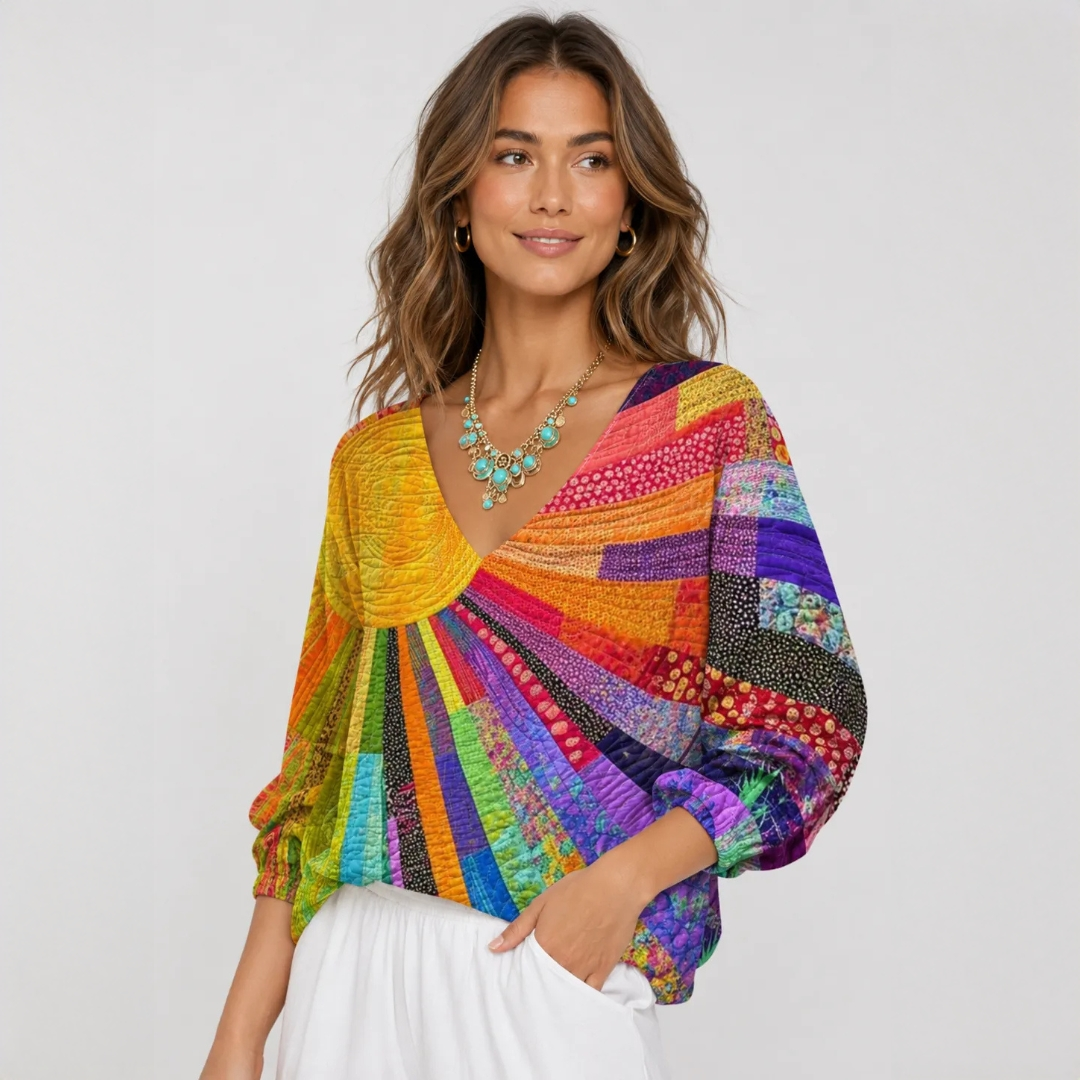 Blusa de mujer de manga larga cuello redondo – estampado patchwork quilt, corte relajado