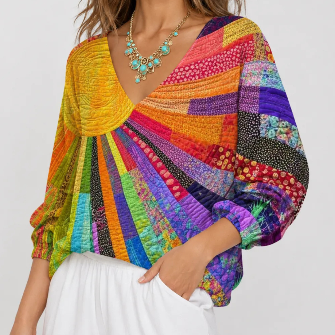 Blusa de mujer de manga larga cuello redondo – estampado patchwork quilt, corte relajado